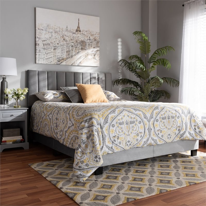 Pemberly Row Queen Size Gray Velvet Panel Bed with Tufted Headboard