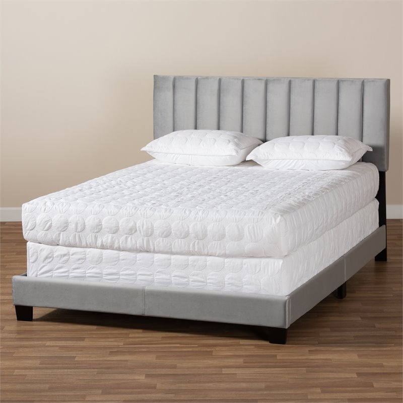 Pemberly Row Queen Size Gray Velvet Panel Bed with Tufted Headboard
