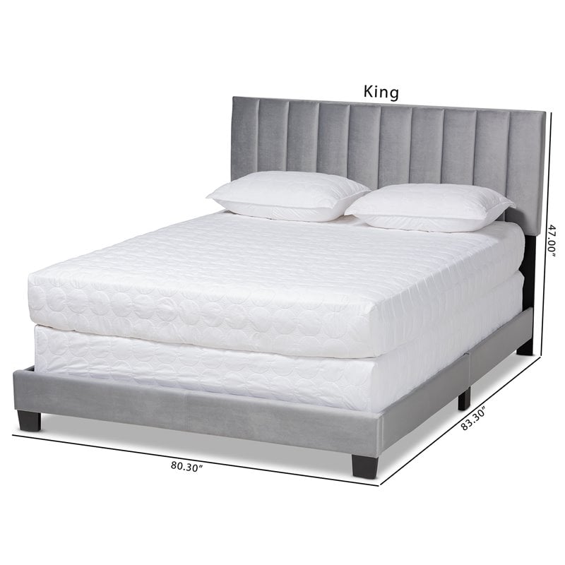 Pemberly Row Queen Size Gray Velvet Panel Bed with Tufted Headboard
