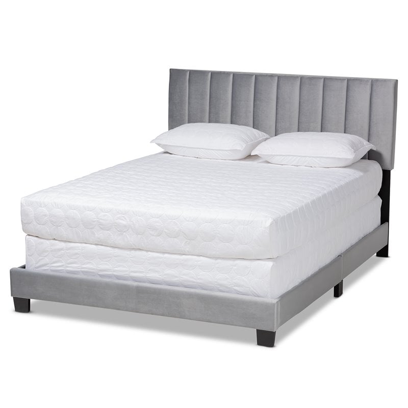 Pemberly Row Queen Size Gray Velvet Panel Bed with Tufted Headboard