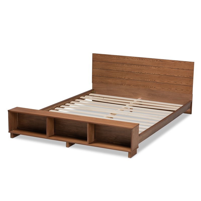Pemberly Row Queen Size Rubberwood Storage Bed in Ash Walnut