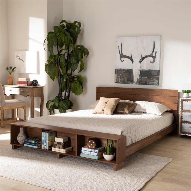 Pemberly Row Queen Size Rubberwood Storage Bed in Ash Walnut