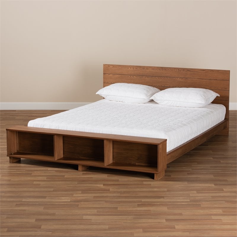 Pemberly Row Queen Size Rubberwood Storage Bed in Ash Walnut