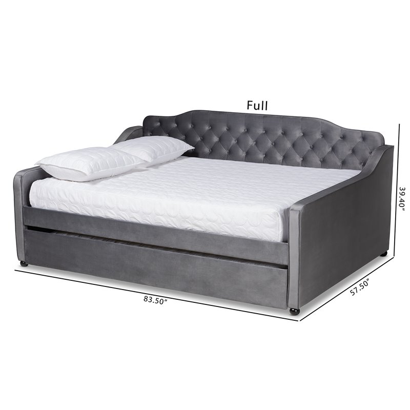Pemberly Row Grey Velvet Full Daybed with Button Tufting and Trundle