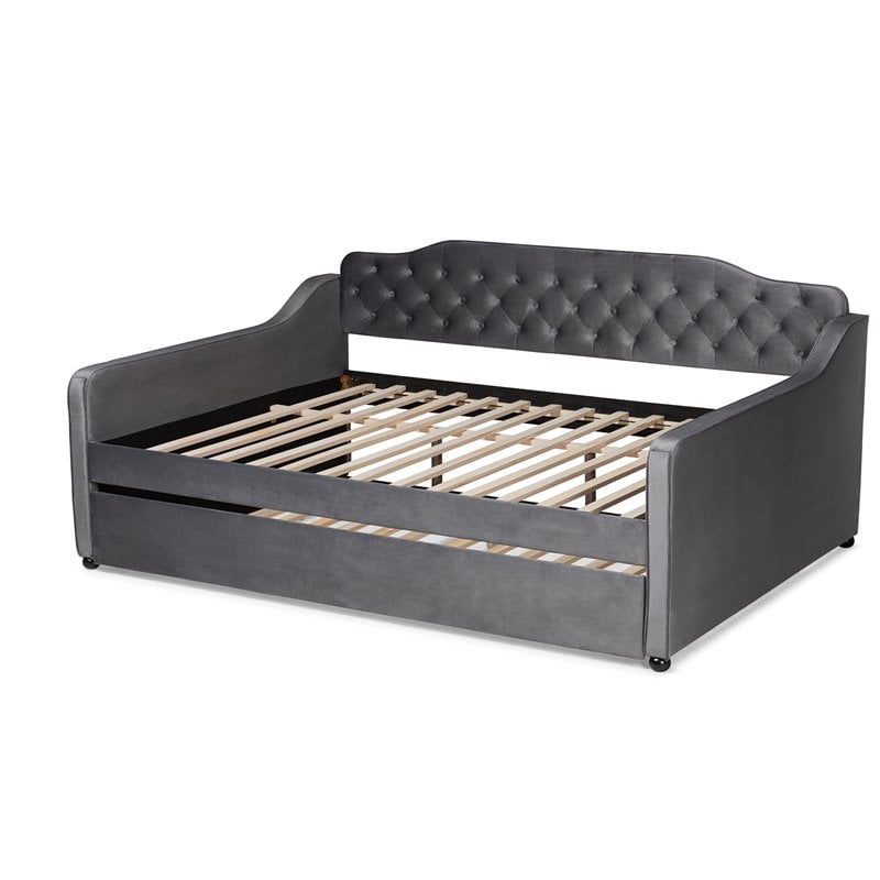 Pemberly Row Grey Velvet Full Daybed with Button Tufting and Trundle