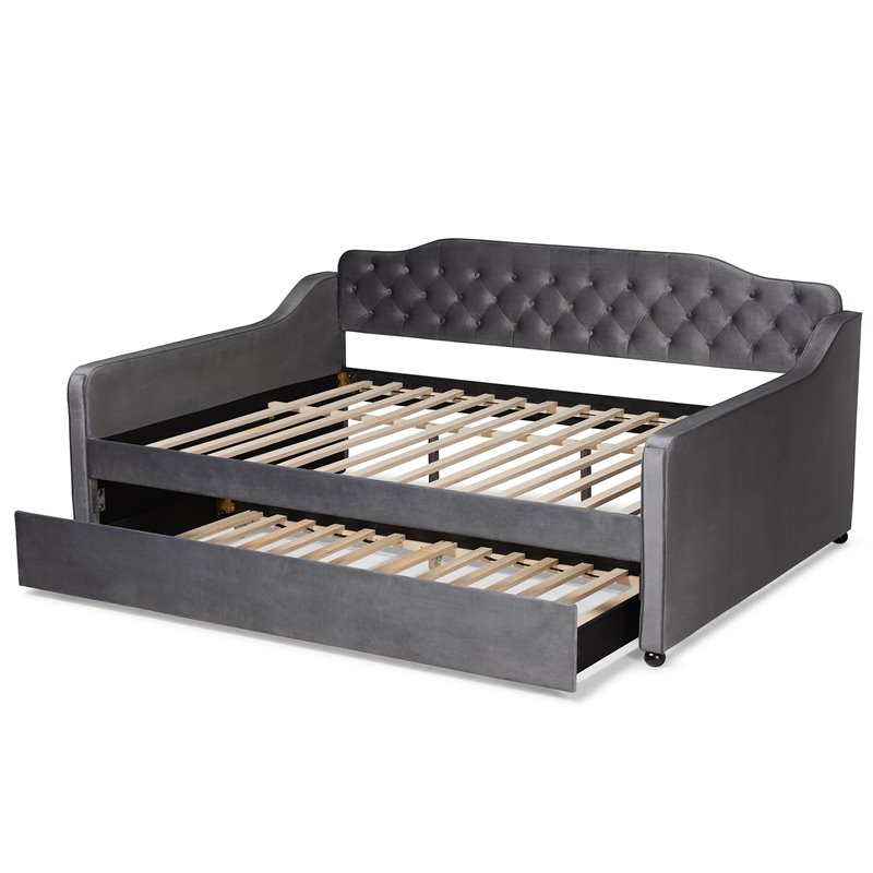 Pemberly Row Grey Velvet Full Daybed with Button Tufting and Trundle