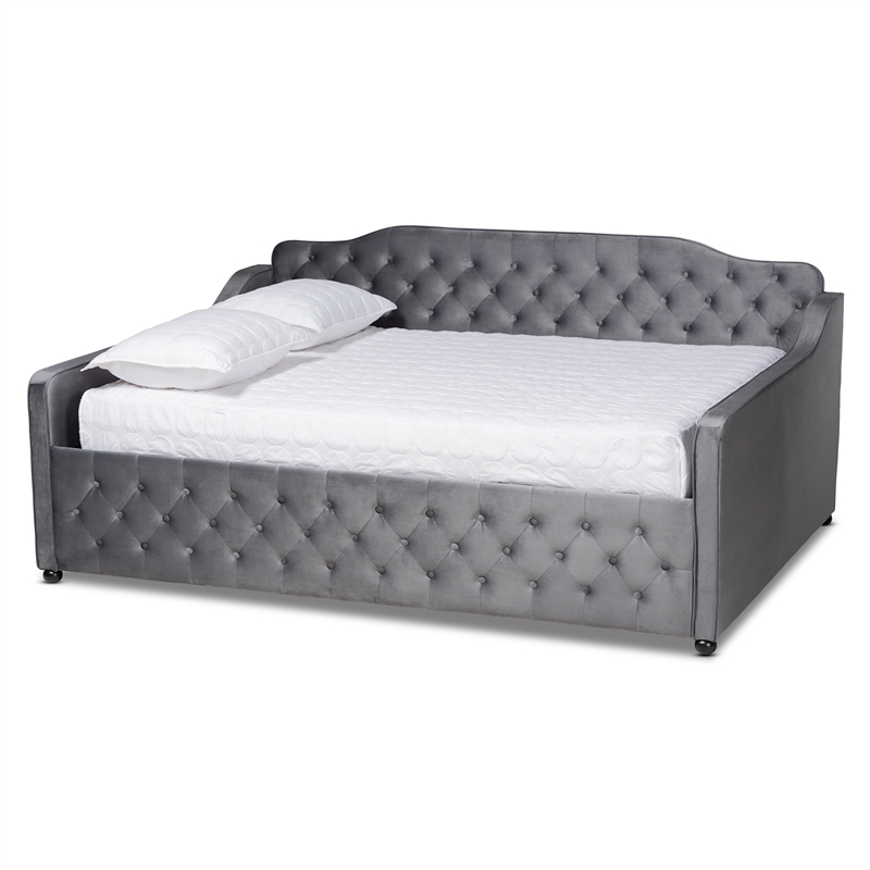 Pemberly Row Grey Velvet Full Daybed with Button Tufting and Curved Arms