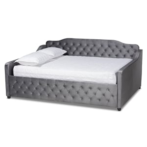 Pemberly Row Grey Velvet Full Daybed with Button Tufting and Curved Arms
