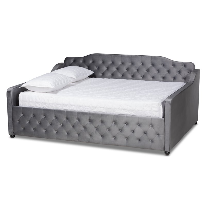 Pemberly Row Grey Velvet Full Daybed with Button Tufting and Curved Arms