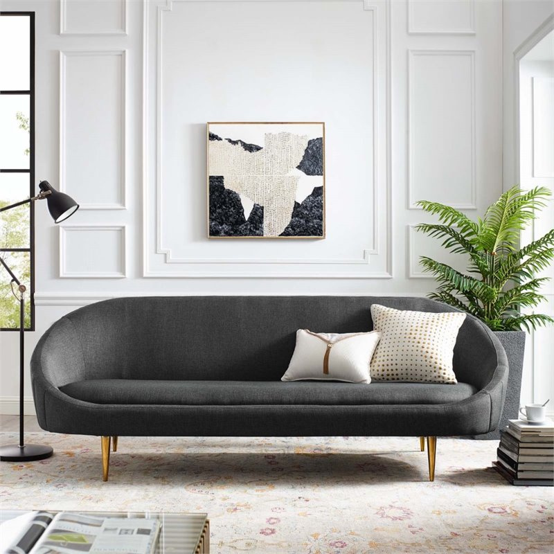 Pemberly Row Vertical Curve Back Velvet Sofa in Gray with Gold Legs
