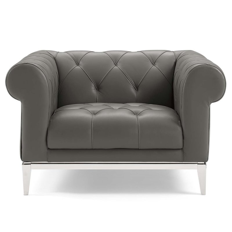 Pemberly Row Tufted Upholstered Leather Chesterfield Armchair in Gray