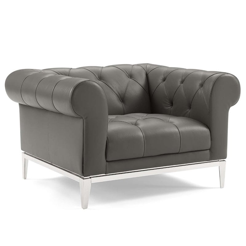 Pemberly Row Tufted Upholstered Leather Chesterfield Armchair in Gray