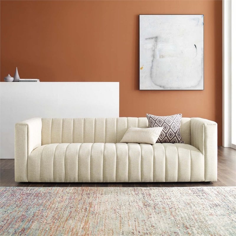 Pemberly Row Channel Tufted Upholstered Fabric Sofa in Beige