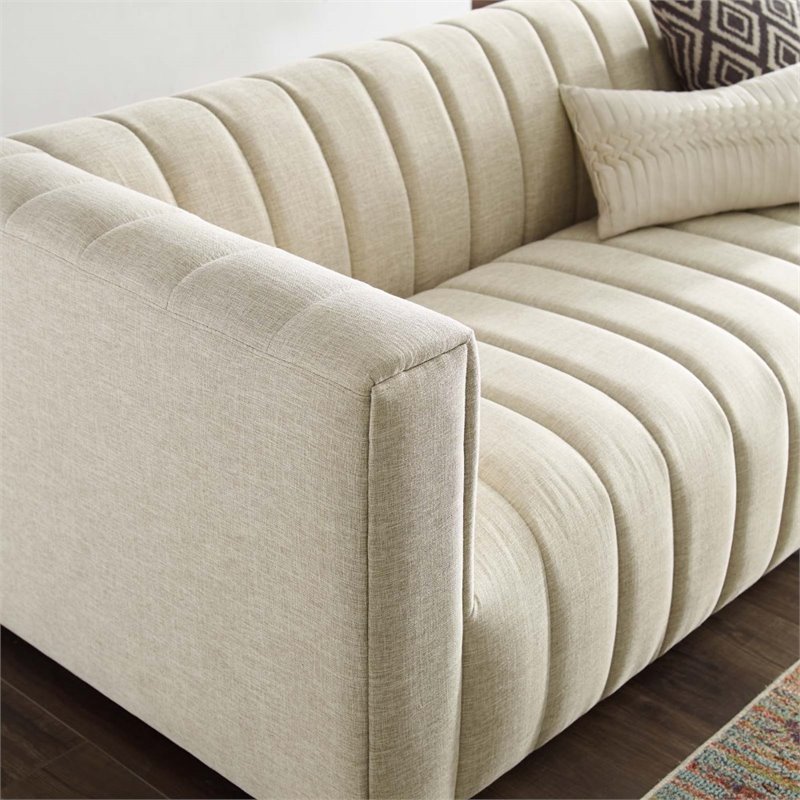 Pemberly Row Channel Tufted Upholstered Fabric Sofa in Beige