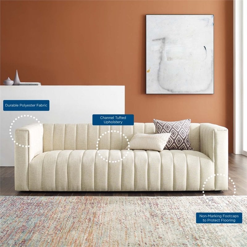 Pemberly Row Channel Tufted Upholstered Fabric Sofa in Beige