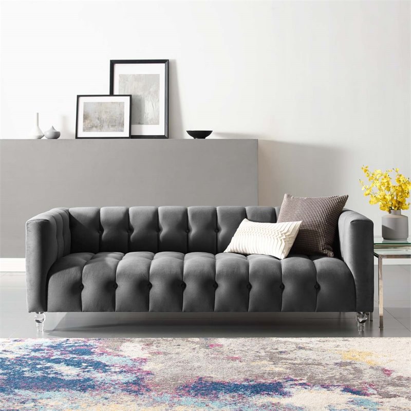 Pemberly Row Channel Tufted Button Performance Velvet Sofa in Charcoal