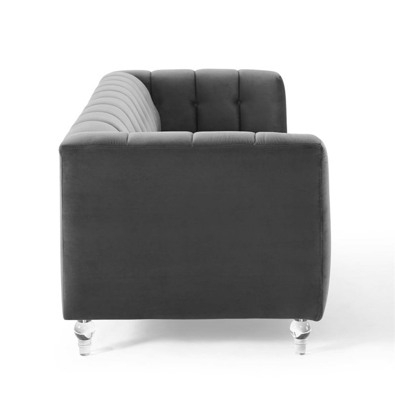 Pemberly Row Channel Tufted Button Performance Velvet Sofa in Charcoal