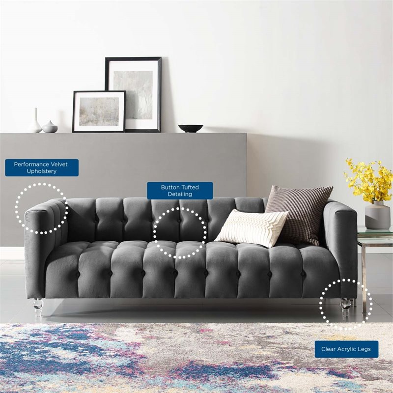 Pemberly Row Channel Tufted Button Performance Velvet Sofa in Charcoal
