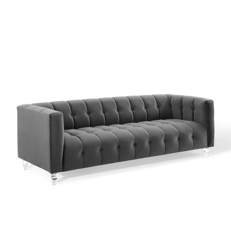 Pemberly Row Channel Tufted Button Performance Velvet Sofa in Charcoal