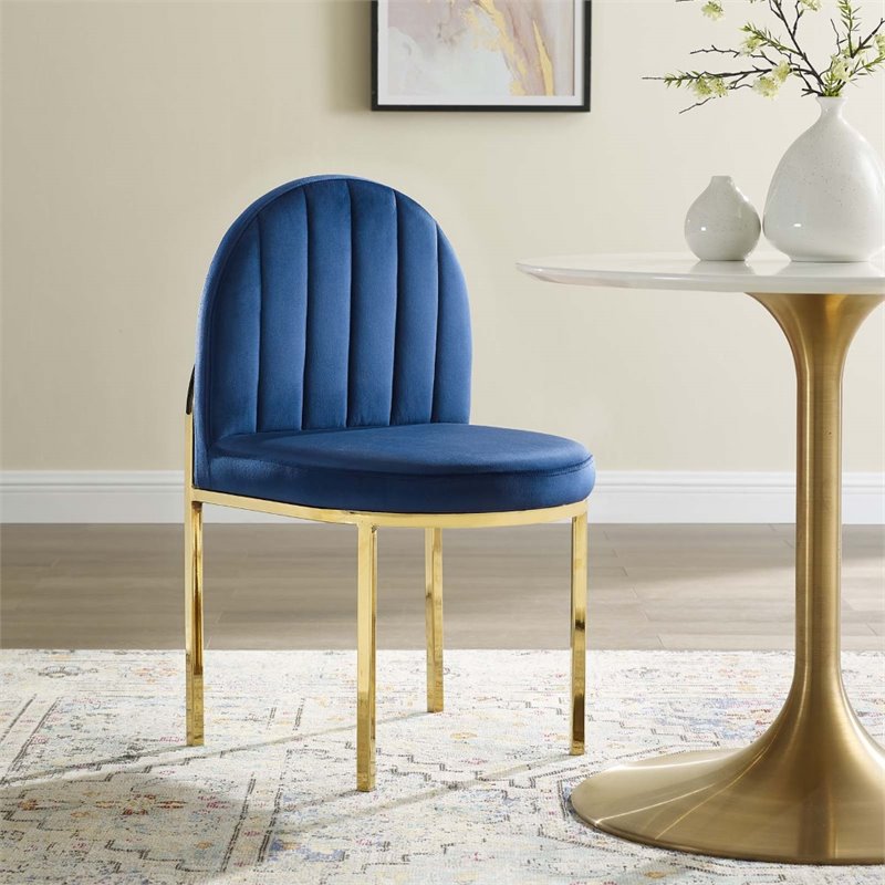 Pemberly Row Channel Tufted Velvet Dining Side Chair with Gold Frame in Navy
