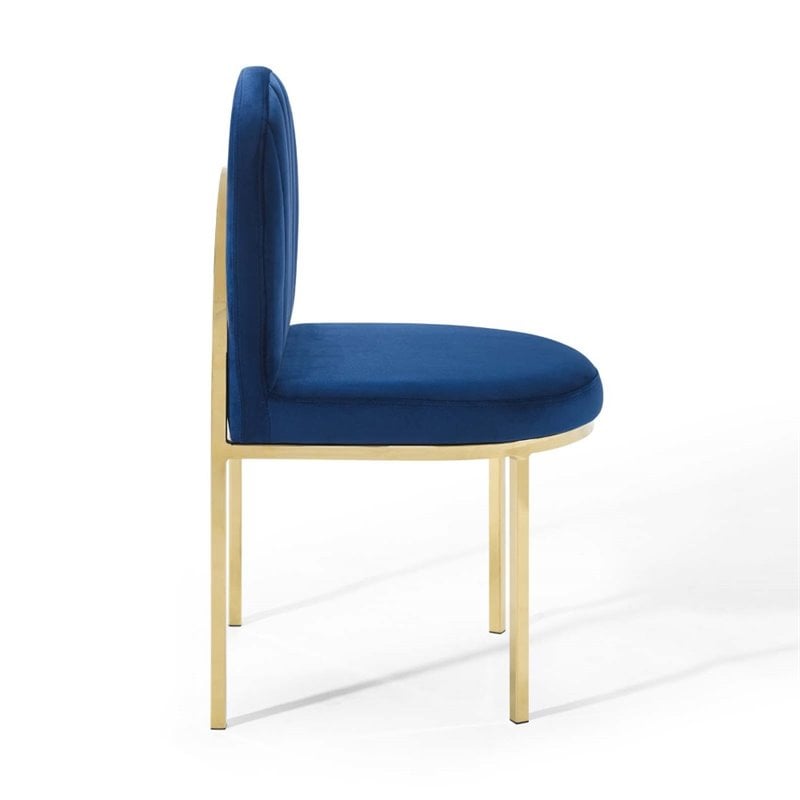 Pemberly Row Channel Tufted Velvet Dining Side Chair with Gold Frame in Navy