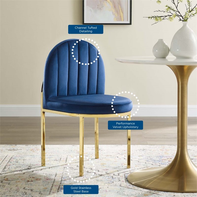 Pemberly Row Channel Tufted Velvet Dining Side Chair with Gold Frame in Navy