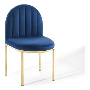 Pemberly Row Channel Tufted Velvet Dining Side Chair with Gold Frame in Navy