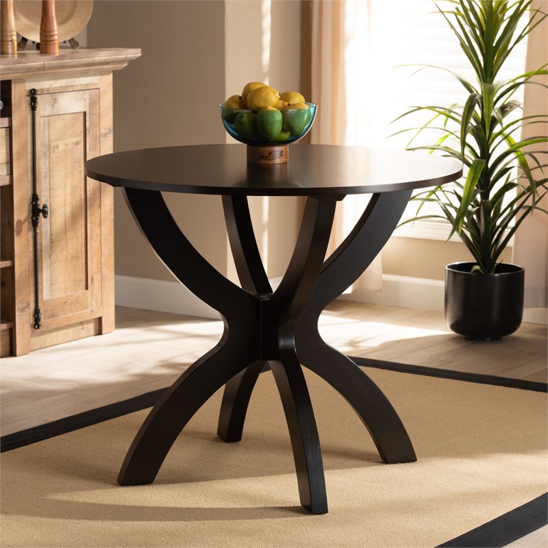 Pemberly Row Round Wood Dining Table with Sculptural Base in Dark Brown