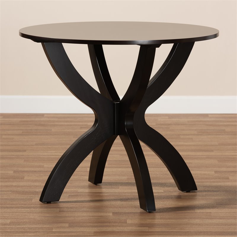 Pemberly Row Round Wood Dining Table with Sculptural Base in Dark Brown