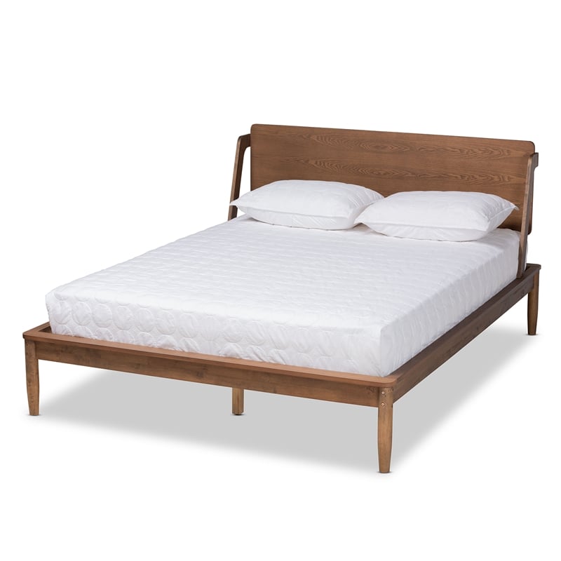 Pemberly Row Walnut Wood Queen Platform Bed with Tapered Legs and Slats