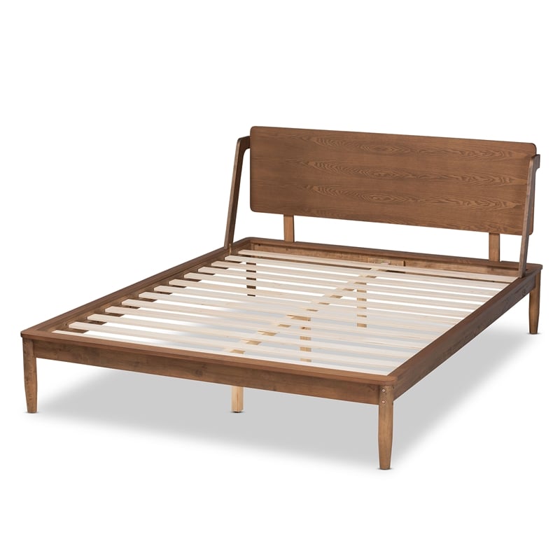 Pemberly Row Walnut Wood Queen Platform Bed with Tapered Legs and Slats