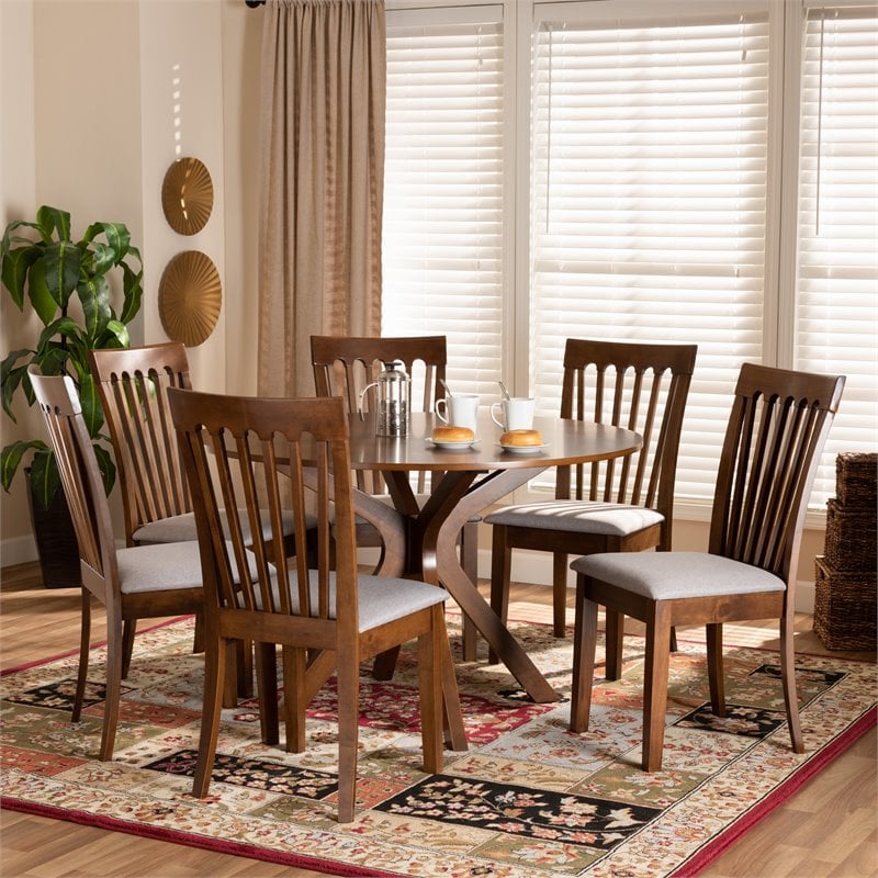 Pemberly Row 7-Piece Dining Set in Gray Fabric & Walnut Brown Finished Wood