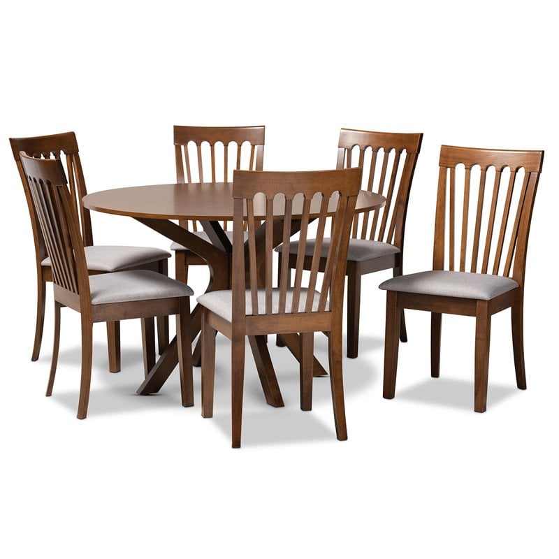 Pemberly Row 7-Piece Dining Set in Gray Fabric & Walnut Brown Finished Wood