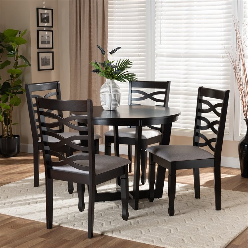 Pemberly Row 5-Piece Dining Set in Gray Fabric & Dark Brown Wood Finish