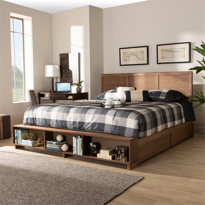 Pemberly Row King Size Bed with 4 Drawers and Built-In Shelves in Brown