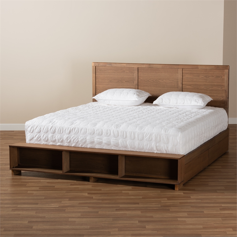 Pemberly Row King Size Bed with 4 Drawers and Built-In Shelves in Brown