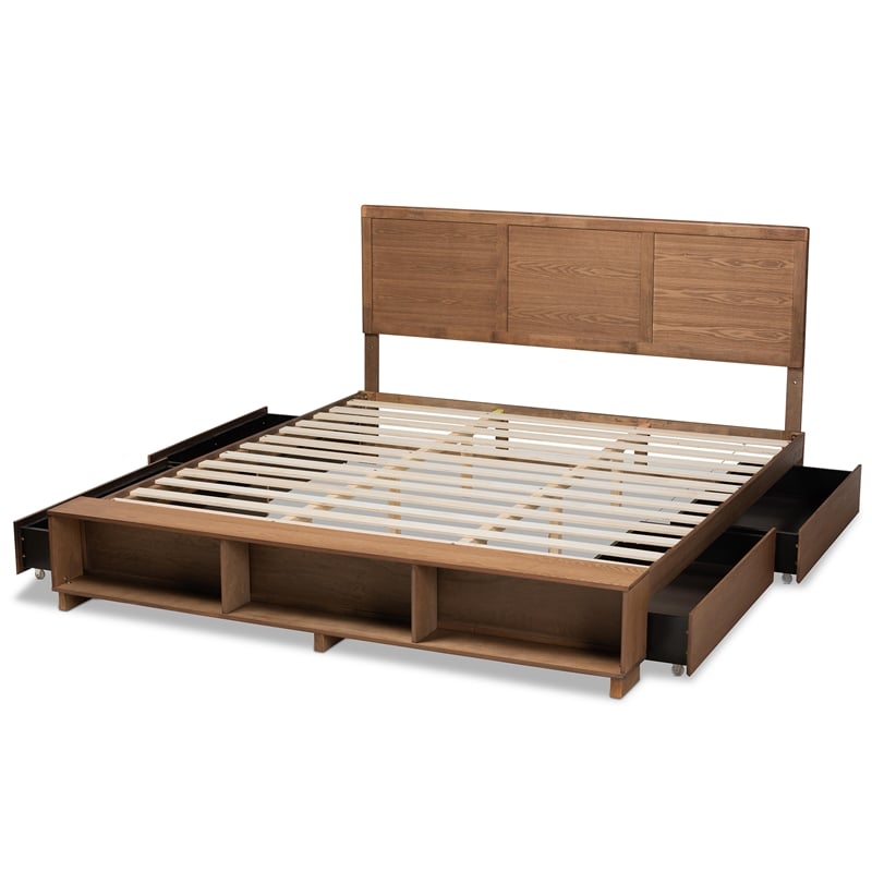 Pemberly Row King Size Bed with 4 Drawers and Built-In Shelves in Brown