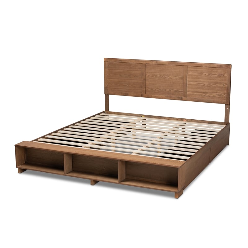 Pemberly Row King Size Bed with 4 Drawers and Built-In Shelves in Brown