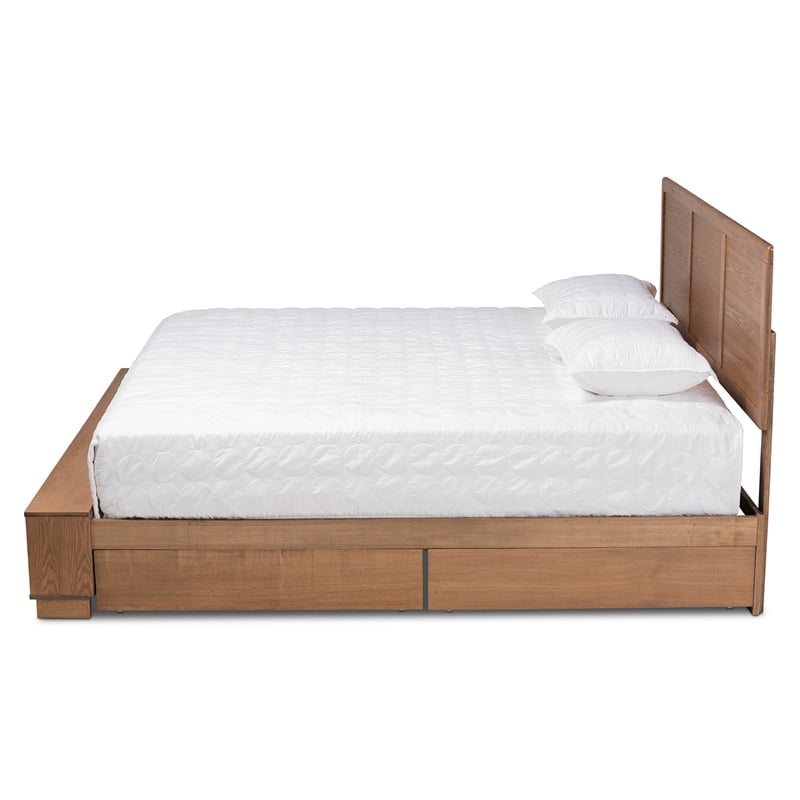 Pemberly Row King Size Bed with 4 Drawers and Built-In Shelves in Brown