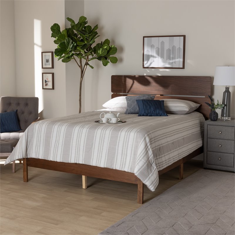 Pemberly Row Queen Size Panel Bed with Walnut Finish Slatted Headboard