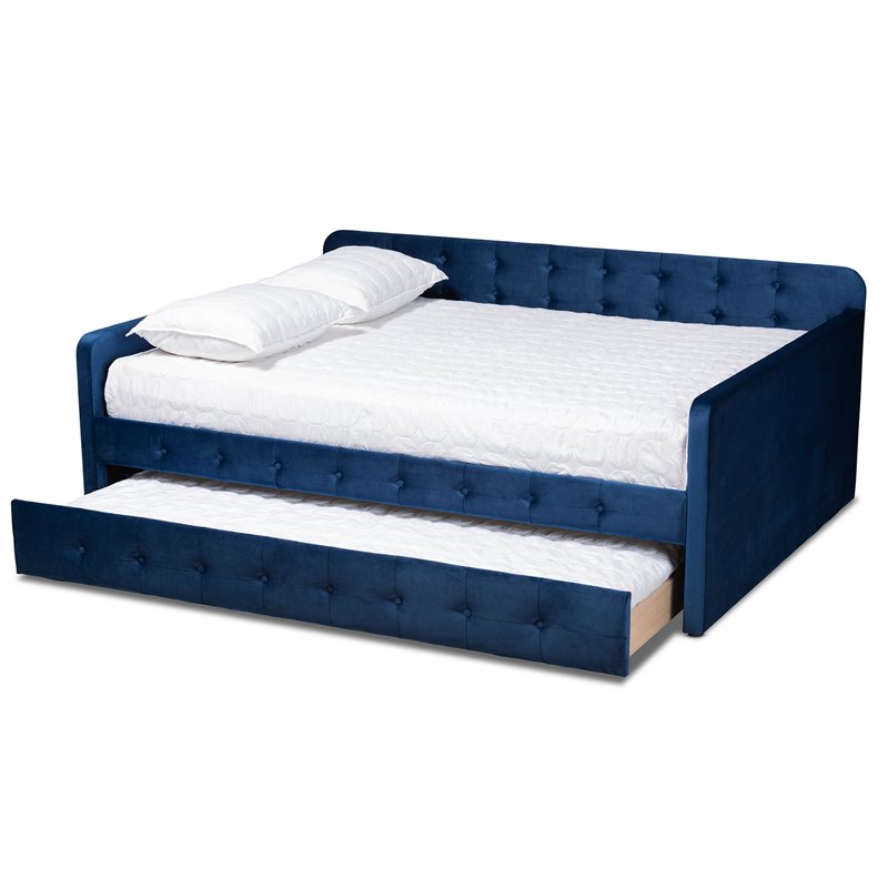Pemberly Row Queen Velvet Daybed with Trundle in Navy Blue Upholstery
