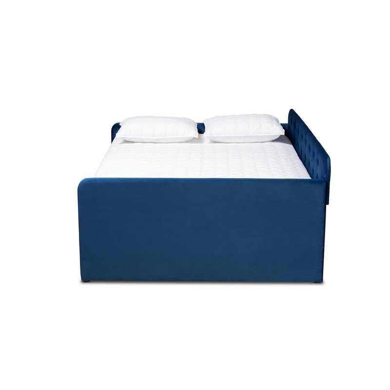 Pemberly Row Queen Velvet Daybed with Trundle in Navy Blue Upholstery