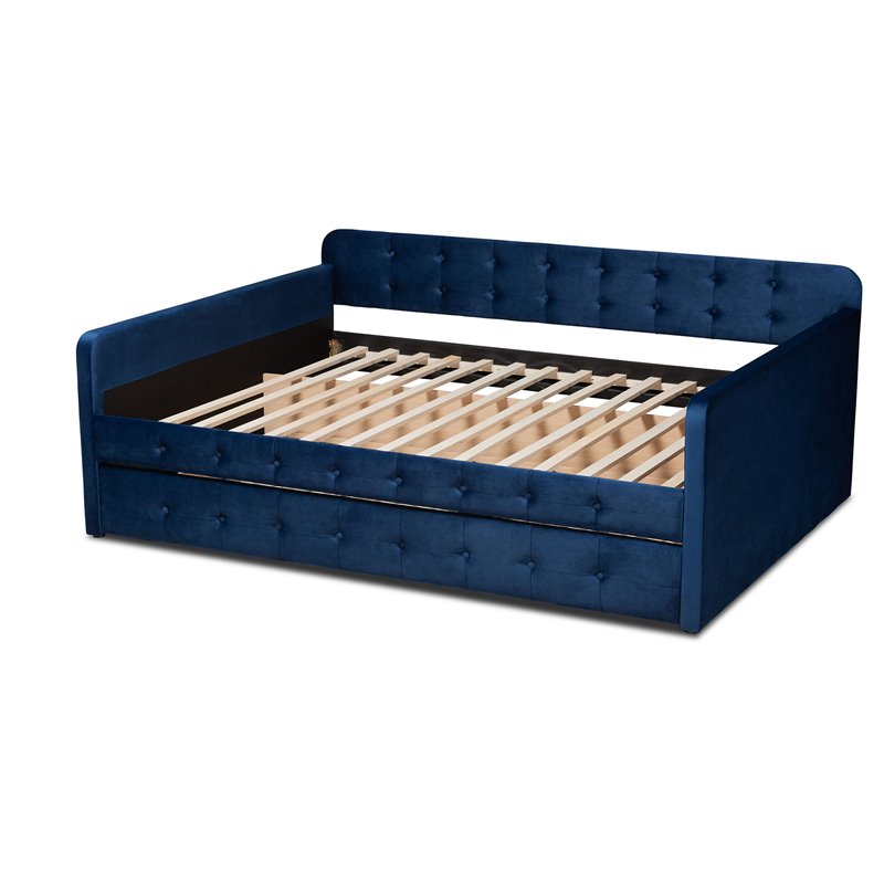 Pemberly Row Queen Velvet Daybed with Trundle in Navy Blue Upholstery