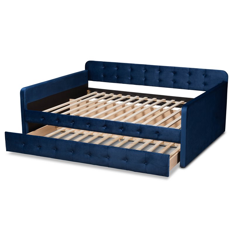 Pemberly Row Queen Velvet Daybed with Trundle in Navy Blue Upholstery