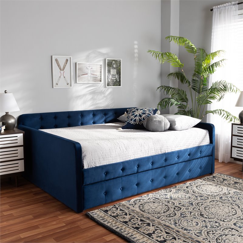 Pemberly Row Queen Velvet Daybed with Trundle in Navy Blue Upholstery