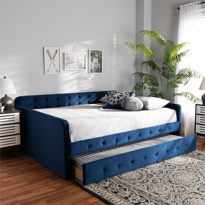 Pemberly Row Queen Velvet Daybed with Trundle in Navy Blue Upholstery