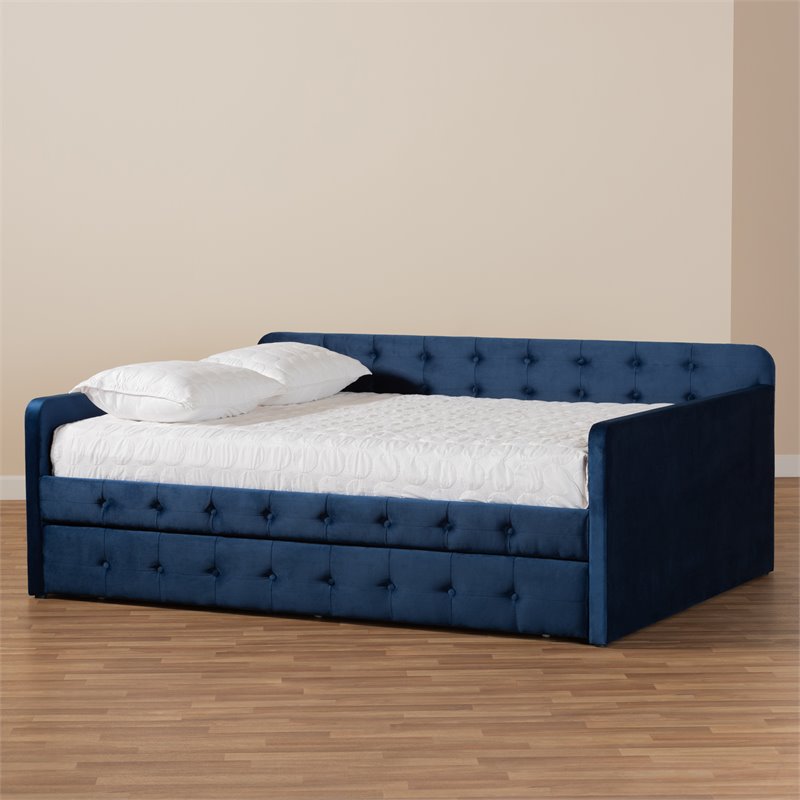 Pemberly Row Queen Velvet Daybed with Trundle in Navy Blue Upholstery