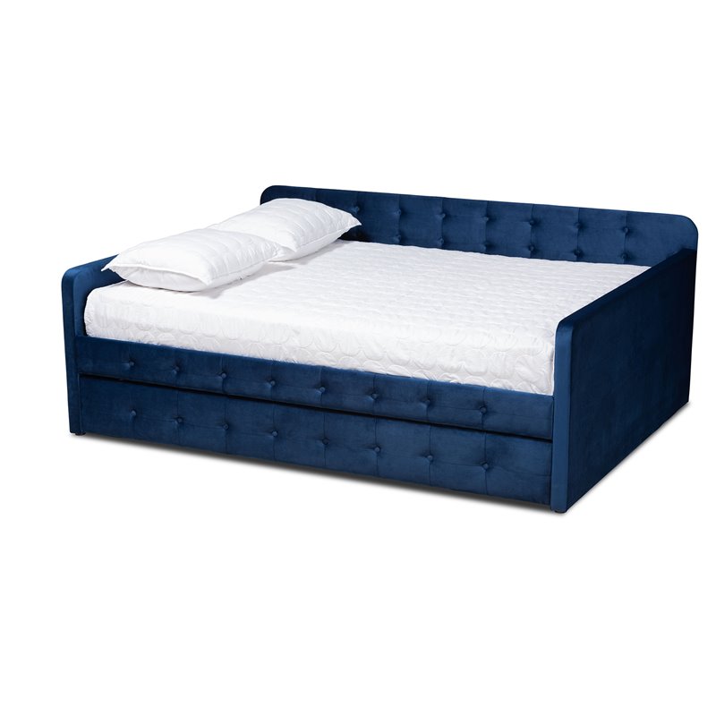 Pemberly Row Queen Velvet Daybed with Trundle in Navy Blue Upholstery