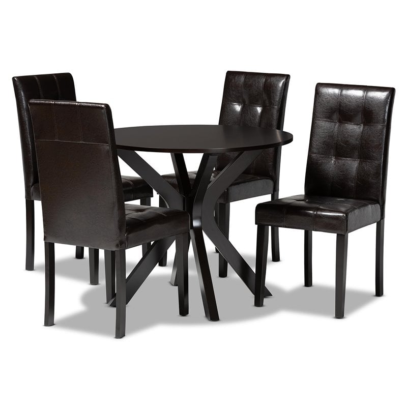 Pemberly Row Marie 5-Piece Dining Set Faux Leather Dark Brown Wood