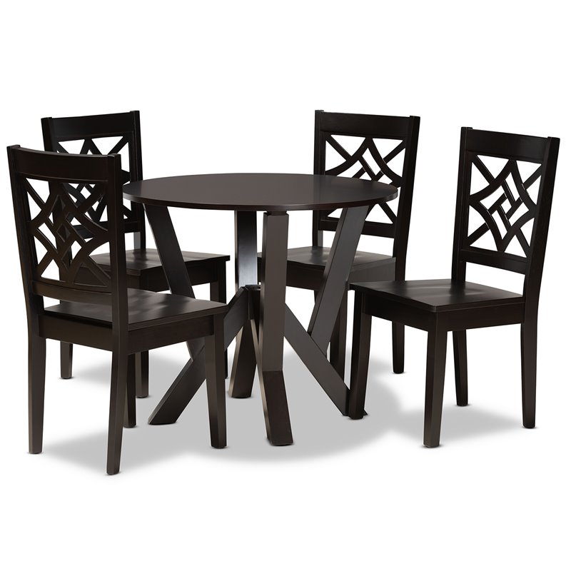 Pemberly Row 5-Piece Dining Set in Dark Brown Wood with Round Table